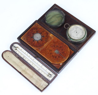 A Chinese Feng Shui compass boxed, a W Heath of Plymouth pocket barometer contained in a leather case (hinge to case f), J Hicks a Victorian ivory thermometer contained in a leather case 