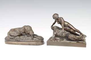 After the antique, a bronzed figure of a naked lady 11cm x 13.5cm x 7.5cm together with a bronzed figure of a reclining hound 6cm x 15cm x 7cm 