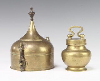 An Eastern cylindrical brass spice box with hinged lid 20cm x 15cm and a circular Eastern brass flask 10cm x 7cm 
