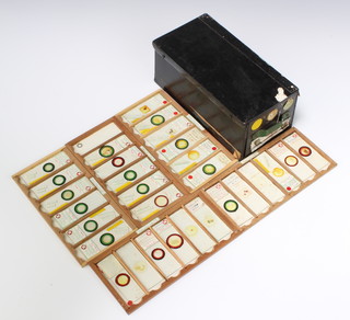 A collection of 61 Polariscope microscope slides contained in 12 shallow trays 