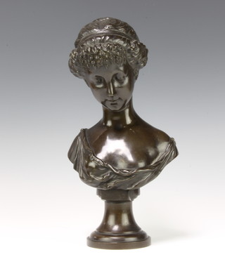 A bronze head and shoulders portrait bust of a girl raised on a socle base 15cm x 19cm 
