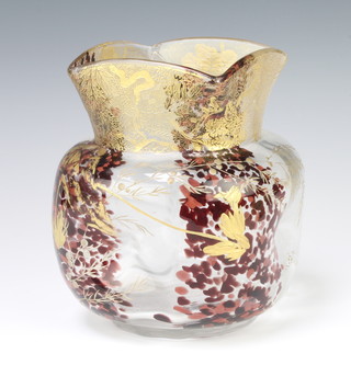 A Continental Art Nouveau glass vase with mottled 2 colour decoration and overlaid gilt floral work 19cm 