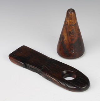 A lignum vitae plumbers turn pin, the body marked J Donovan 15cm x 8cm together with a hardwood bottle stand? 26cm x 7.5cm  