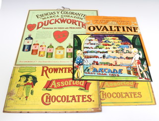 Two wooden box sides for Rowntrees Assorted Chocolates 19cm x 40cm and 23cm x 40cm, a cardboard hanging sign for Esencias Y Colorantes 44cm x 44cm, a box side for ovaltine 37cm x 30cm (slight tear) and an embossed reproduction enamel sign for Arcade Cast Iron Toys 29cm x 36cm  
