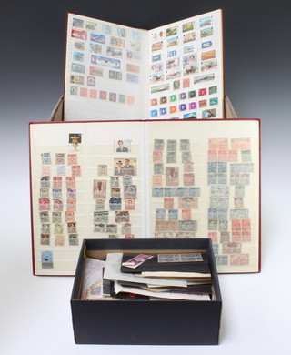 A green Simplex Junior album of used world stamps including GB, Eire, Italy, India, Germany, France, a postage stamp album of world stamps, 2 stock books of world stamps and other loose leaf stamps etc 