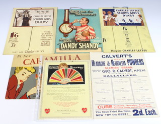 A card advertising sign for Duckworth and Company 28cm x 21cm, two ditto Charles Letts's School Girl Diary, ditto Danny Shandy, Horlicks It's New Caramilla and Calvert's Special Headache and Neuralgia Powders  