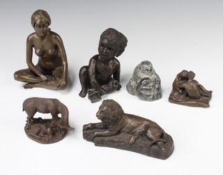 A bronzed figure of a seated naked lady 18cm, ditto seated child 11cm and 4 other bronzed figures  