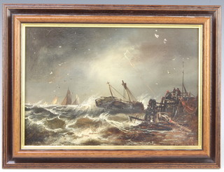 19th century, oil on canvas, indistinctly signed, a shipwreck off a pier with figures 16cm x 24cm 
 
