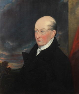 19th Century oil on canvas, portrait of a gentleman wearing a white cravat and black frock coat in an extensive country landscape 75cm x 62cm 