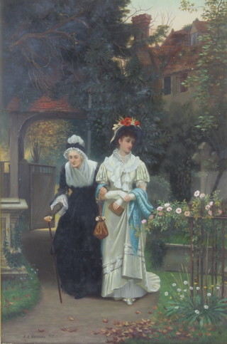 Arthur Langley Vernon '85, (active 1871-1922), oil on canvas, an elderly lady and her companion walking through a churchyard, 44cm x 29cm 