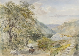 Harry H Lines, watercolour, signed, Welsh landscape with figure on horseback 36cm x 51cm 