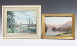 A 19th Century oil on board, unsigned, lakeside view with distant mountains 16cm x 22cm together with J Tulley 1972 oil on board, country lane 19cm x 24cm 