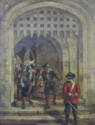John Gilbert RA, (1817-1897), oil on board, soldiers carrying a wounded comrade through a gateway 45cm x 35cm 