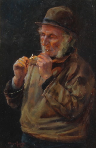 Percy Robert Craft (1856-1934), oil on board, study of an elderly gentleman lighting a clay pipe, signed and dated 29cm x 19cm 
