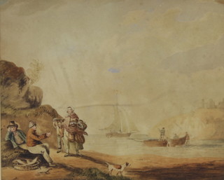 19th Century watercolour, unsigned, figures beside a coastal inlet 22cm x 27cm 