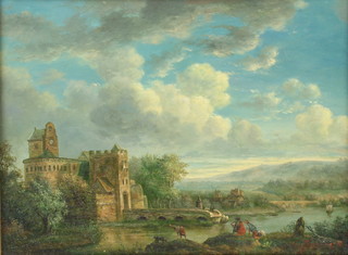 19th Century oil on board indistinctly signed, an extensive river landscape with figures before a building 29cm x 40cm 