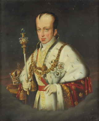 19th Century oil on canvas unsigned, portrait study of Emperor Ferdinand I of Austria who ruled from 1835-1848, wearing an ermine trimmed robe, holding a sceptre in his right hand and leaning on a column beside a crown on a cushion, 26cm x 21cm 