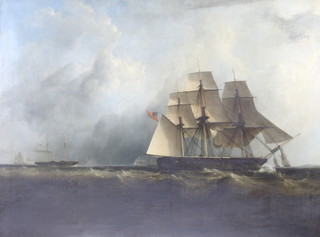 J Lynn, oil on canvas, unsigned, label en verso HMS Vernon Shortening Sail after a Trial Trip, purchased at the sale of the Late Admiral Sir Thomas Symonds, Symonds' Effects Torquay March 1897, relined, 90cm x 121cm 