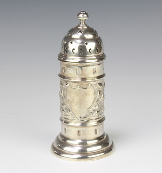 An Edwardian repousse silver sugar shaker of cylindrical form with floral decoration, Sheffield 1910, 226 grams