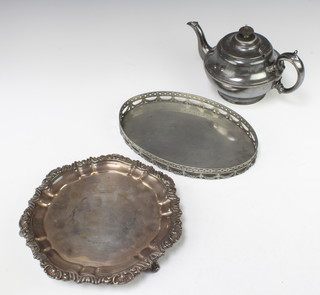 A silver plated card tray with shell rim 25cm, 2 other items