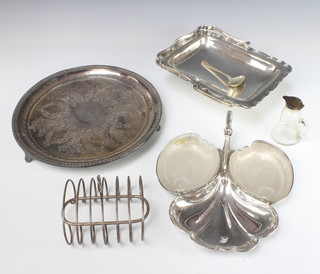 A silver plated 3 handled basket and minor plated items 