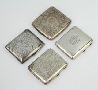 An engraved silver cigarette case Birmingham 1916, 3 others, 337 grams