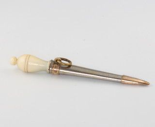 An Edwardian novelty propelling pencil in the form of a garden spray contained in a silver plated and gold plated mount with ivory handle by Perry and Co 6.5cm 