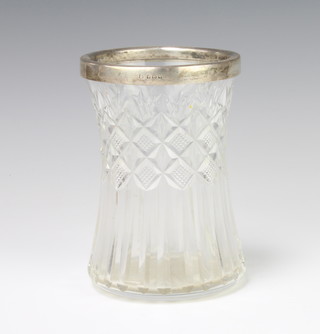 A cut glass vase with a silver collar, 14cm 