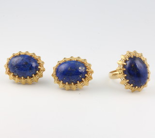 A high carat yellow gold lapis lazuli dress ring size P 1/2 together with a pair of ditto ear clips 