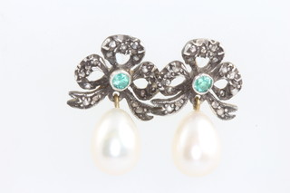 A pair of gold pearl, emerald and diamond bow ear drops 20mm 