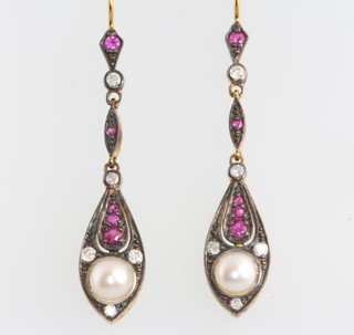 A pair of Edwardian style silver gilt, ruby, diamond and pearl earrings 38mm