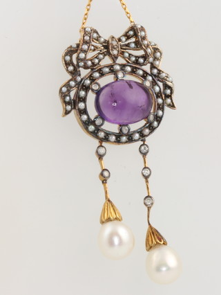 An Edwardian style silver gilt cabuchon amethyst seed pearl and cultured pearl pendant on a 9ct yellow gold chain 