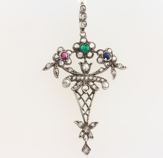 An Edwardian style pendant set with diamonds, rubies and emeralds 60mm 