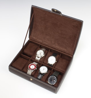 A gentleman's steel cased Pulsar chronograph wristwatch and 4 others, contained in an 8 section watch box 