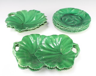 Four Victorian Copeland cabbage leaf plates, 2 serving dishes and 2 two handled dishes  