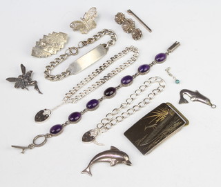 A silver and amethyst bracelet and minor silver jewellery 137 grams 