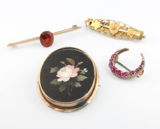 A 9ct yellow gold pietra dura brooch decorated with flowers and 3 other 9ct gold brooches 