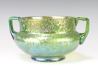 A Loetz style bulbous 2 handled bowl with stylised floral motif 25cm 