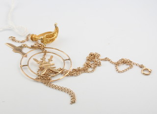 An 18ct yellow gold pendant 1.7 grams, a ditto earring 3 grams and a 9ct yellow gold chain 2 grams 