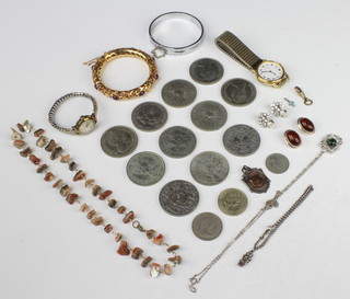 A silver gilt gem set bangle together with minor jewellery and coins 