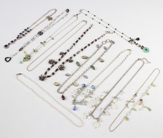 A cultured pearl necklace and minor silver hardstone necklaces 