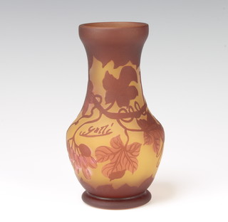 A Galle style carved cameo baluster vase decorated with grapes and vine leaves 16cm 