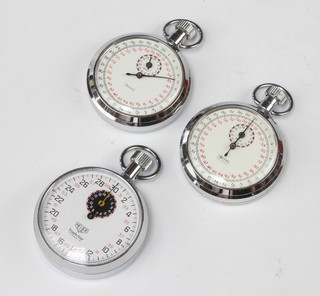 A chrome cased Heuer Trockstar stopwatch boxed, 2 Smiths ditto 