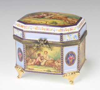 A modern French octagonal casket with gilt metal mounts decorated with fete gallant scenes 15cm 