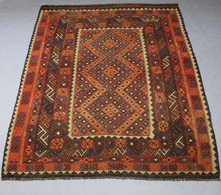 A red and blue ground old tribal Ghalmori Kilim with rectangular central medallion within a multi row border 265cm x 205cm 