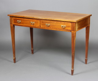 An Edwardian rectangular inlaid and crossbanded mahogany writing table fitted 2 long drawers with brass swan neck drop handles, raised on square tapered supports with spade feet 75cm x 108cm x 56cm 