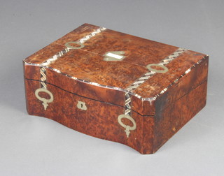 A Victorian shaped figured walnut and inlaid writing slope with hinged lid, the top inlaid mother of pearl 14cm h x 36cm w x 27cm d 
