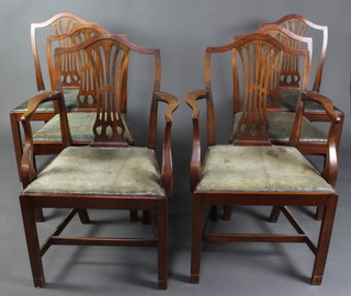 A set of 6 Hepplewhite style mahogany camel back dining chairs with upholstered drop in seats on square tapered supports with H framed stretchers - 2 carvers, 4 standard 
