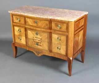 A French inlaid kingwood commode with pink veined marble top fitted 3 long drawers, raised on cabriole supports 88cm h x 120cm w x 53cm d 