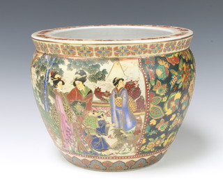 A contemporary Chinese fish bowl the interior decorated with carp the exterior with figures in garden landscapes 25cm 